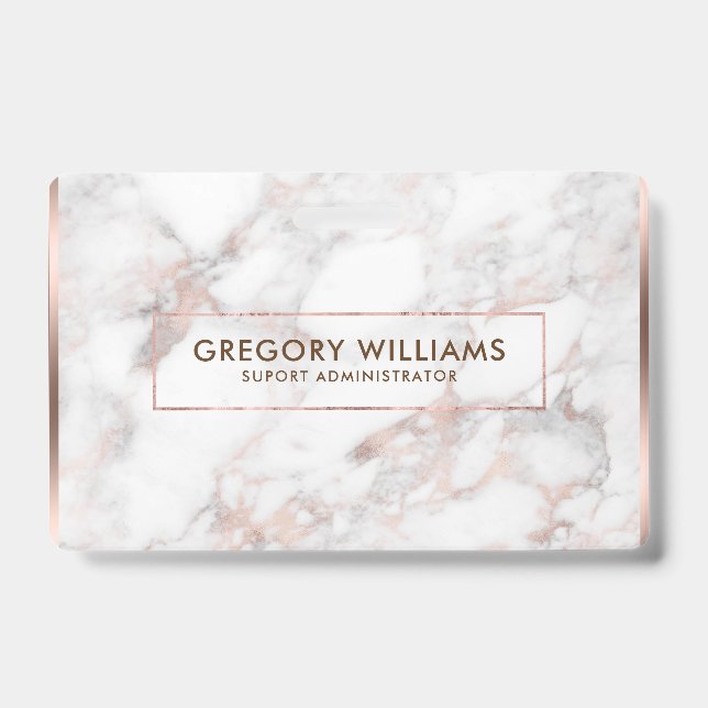 Rose-gold & White Faux Marble Border Frame Badge (Front)