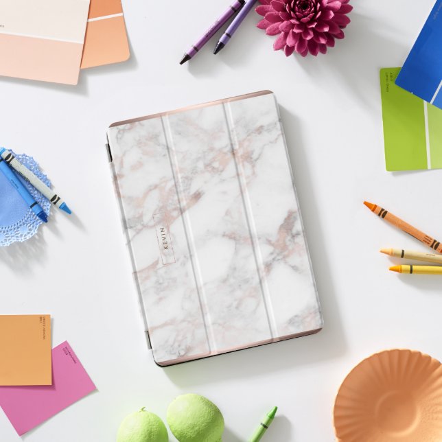 Rose-gold & White Faux Marble Stone iPad Pro Cover (Desk)