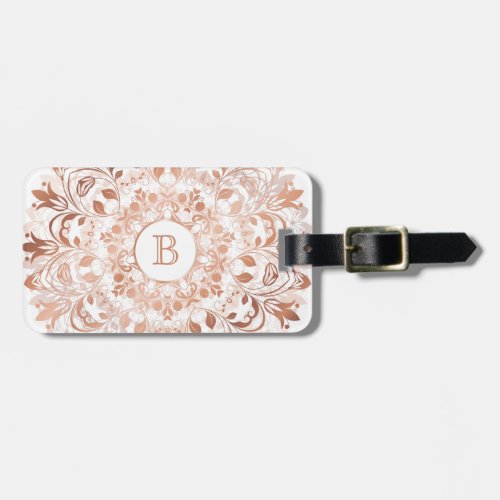 Rose Gold  White Floral Mandala Monogram Luggage Tag