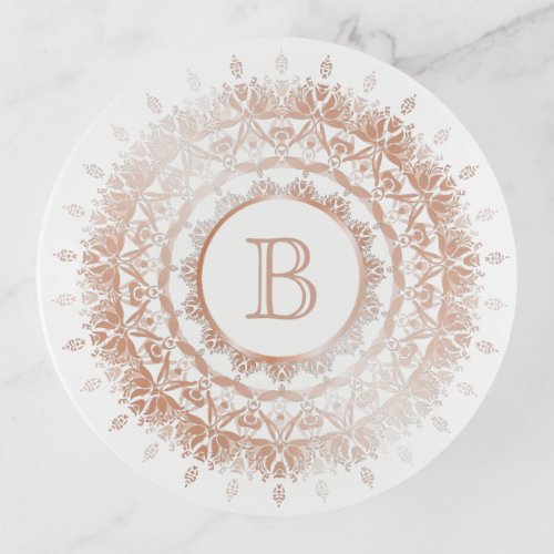 Rose Gold White Floral Mandala Monogram Trinket Tray