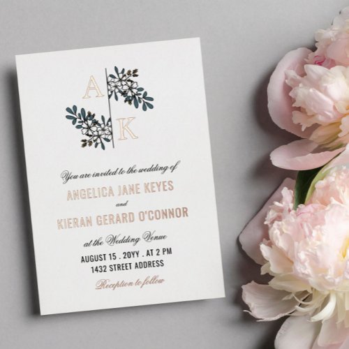 Rose Gold White Floral Monogram Wedding Foil Invit Foil Invitation
