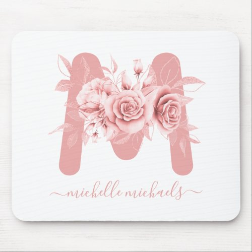 Rose Gold White Floral Watercolor Monogram Mouse Pad