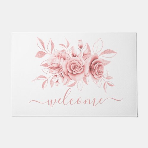 Rose Gold White Floral Watercolor Welcome Doormat