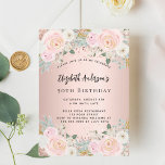 Rose gold white florals birthday invitation<br><div class="desc">A modern,  stylish and glamorous invitation for a 50th(or any age) birthday party.  A rose gold background with blush pink flowers,  roses. The name is written with a modern hand lettered style script.  Personalize and add your party details.</div>