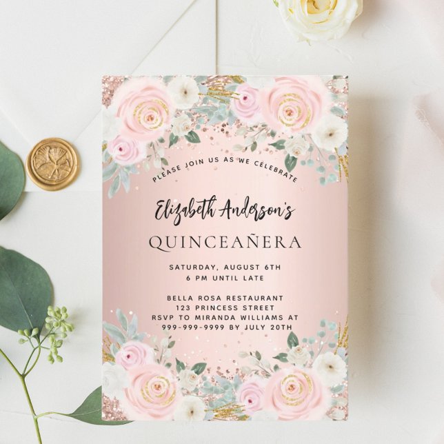 Rose gold white florals Quinceanera luxury Invitation (Creator Uploaded)