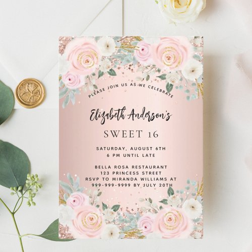 Rose gold white florals Sweet 16 Invitation