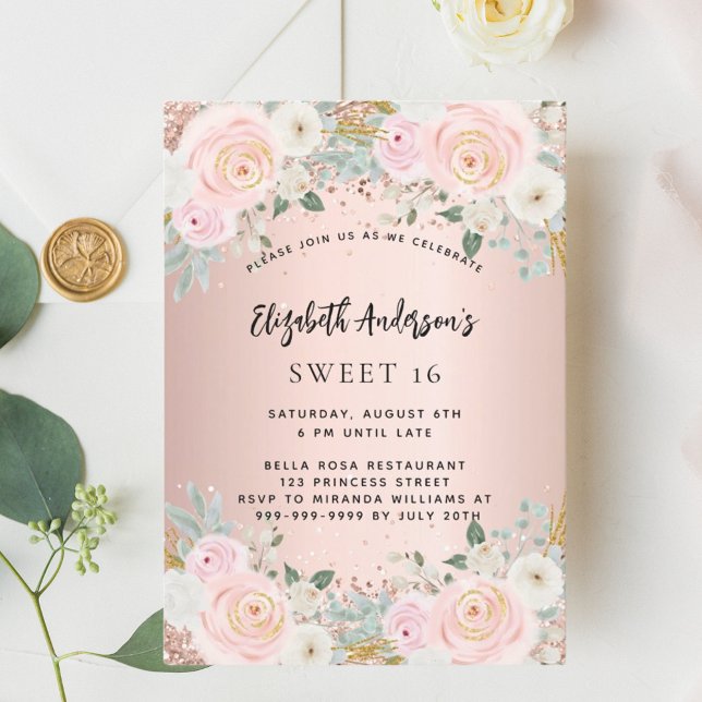 Rose gold white florals Sweet 16 luxury Invitation (Creator Uploaded)
