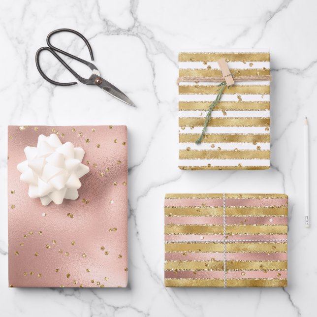 Rose Gold White Glam Glitz Stripes Birthday Wrapping Paper Sheets (Front)