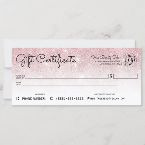 Rose Gold White Glitter Check Gift Certificate