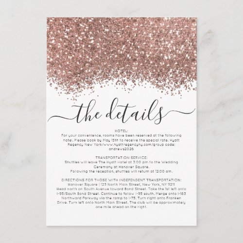 Rose Gold White Glitter Confetti Wedding Details Enclosure Card