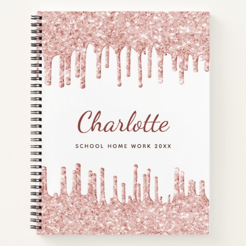 Rose gold white glitter name script notebook