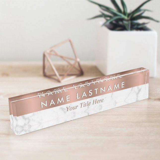 Rose Gold White Grey Marble Elegant Modern Desk Name Plate (Creator Uploaded)