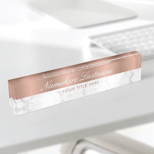 Rose Gold White Grey Marble Elegant Script Desk Name Plate