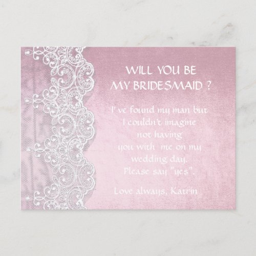 Rose Gold White Lace Will You Be My Bridesmaid Invitation Postcard