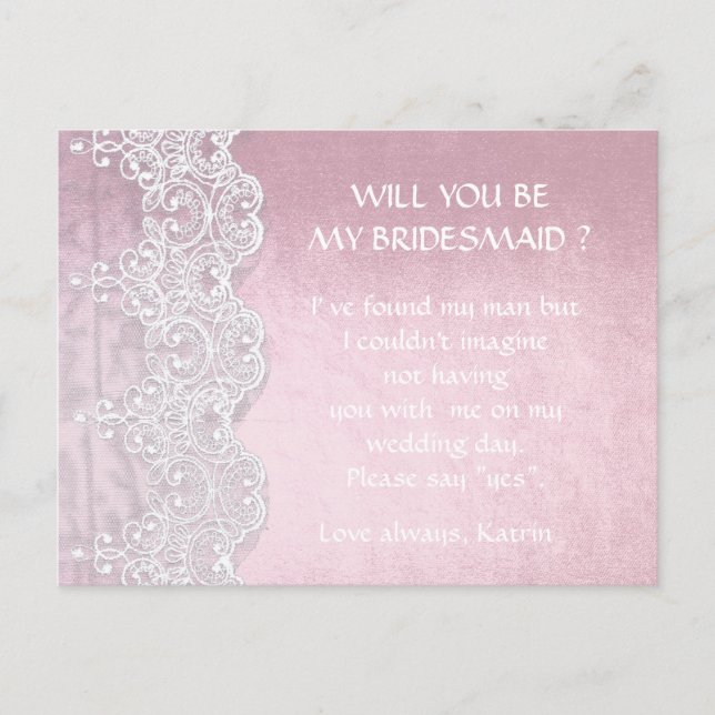 Rose Gold White Lace Will You Be My Bridesmaid Invitation Postcard (Front)