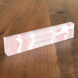 Rose Gold white Large Cow Spots Animal Pattern Desk Name Plate