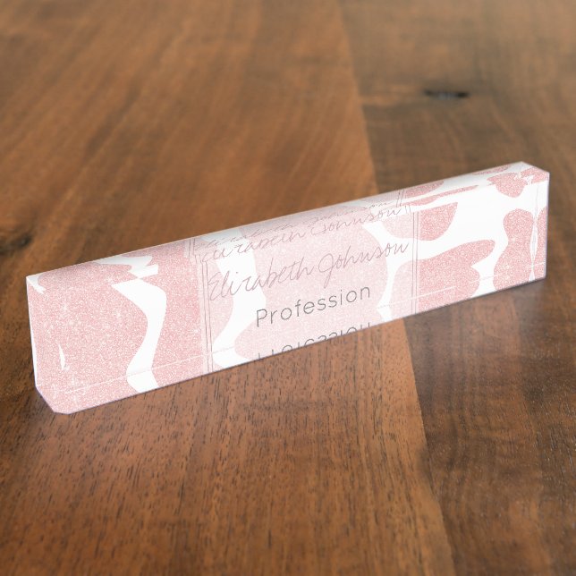 Rose Gold white Large Cow Spots Animal Pattern Desk Name Plate (Side)