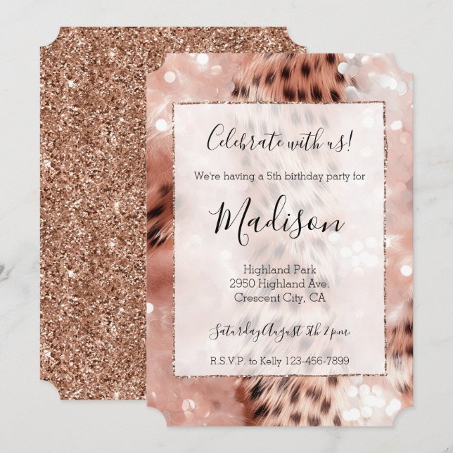 Rose Gold & White Leopard Glitz Stylish Glitter  Invitation (Front/Back)