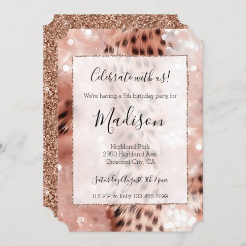 Rose Gold  White Leopard Glitz Stylish Glitter  Invitation