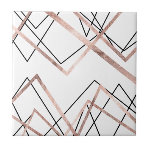 Rose Gold White Linear Triangle Abstract Pattern Ceramic Tile