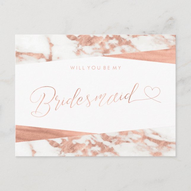 Rose Gold White Marble Bridesmaid Proposal Invitation Postcard (Front)