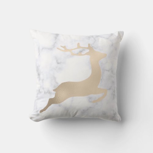 Rose gold white marble Christmas reindeer pattern Throw Pillow