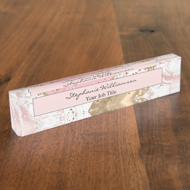 Rose Gold & White Marble  Elegant Modern Desk Name Desk Name Plate (Side)