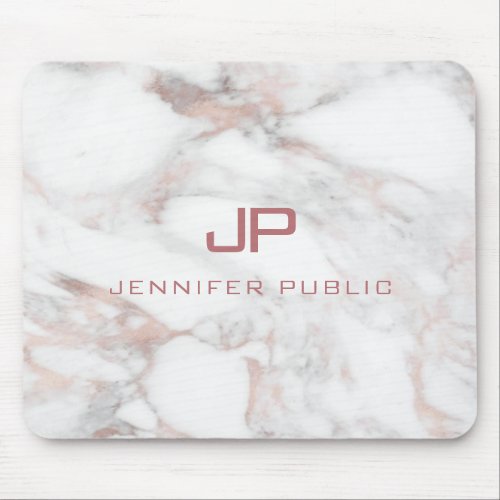 Rose Gold White Marble Elegant Monogram Template Mouse Pad