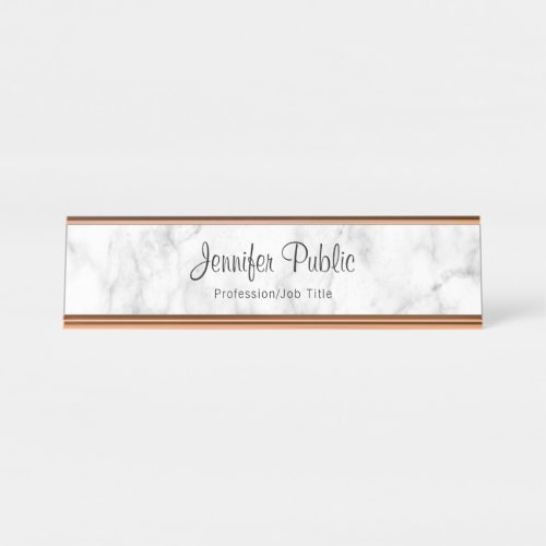 Rose Gold White Marble Elegant Script Template Desk Name Plate