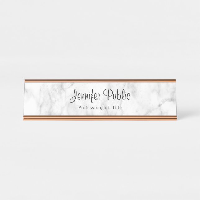 Rose Gold White Marble Elegant Script Template Desk Name Plate (Front)