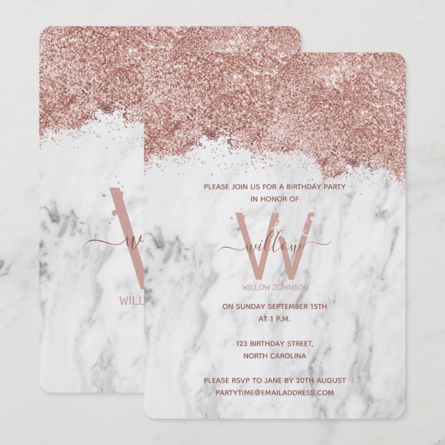 Rose Gold White Marble Glitter Any Year Birthday Invitation (Front/Back)