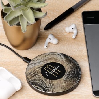 Rose Gold White Marble Glitter Monogram Wireless Charger by MegaCase at Zazzle