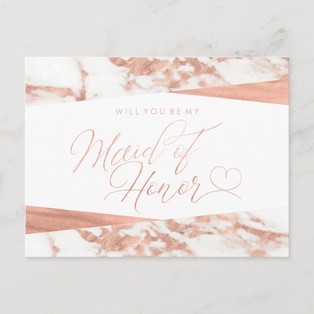 Rose Gold White Marble Maid of Honor Proposal Invitation Postcard (Front)