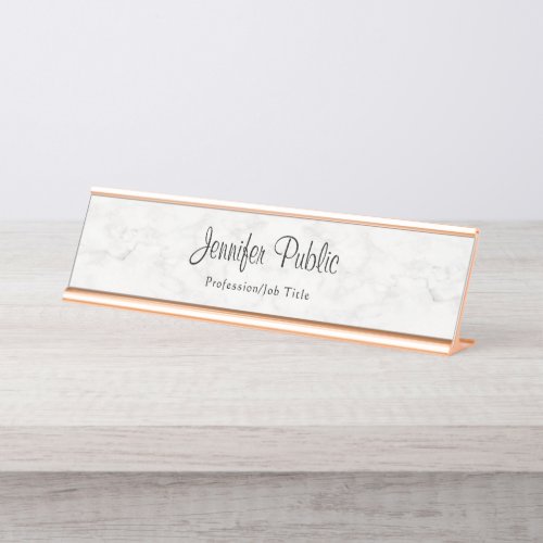 Rose Gold White Marble Modern Chic Template Desk Name Plate