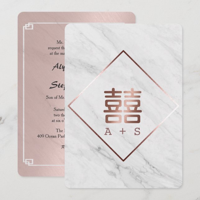 Rose Gold & White Marble Modern Chinese Wedding Invitation (Front/Back)