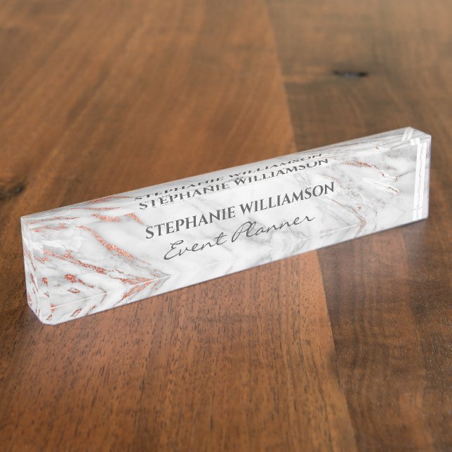 Rose Gold & White Marble Modern Elegant Desk Name Plate (Side)