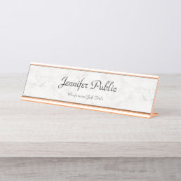 Rose Gold White Marble Modern Elegant Template Desk Name Plate