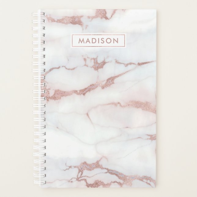 Rose Gold White Marble Personalized Name Custom Planner (Front)
