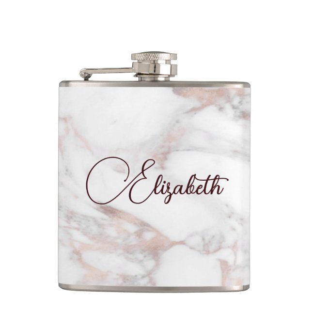 Rose Gold White Marble Script Name Template Best Flask (Front)