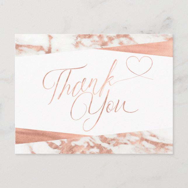 Rose Gold White Marble Script Thank You Postcard (Front)