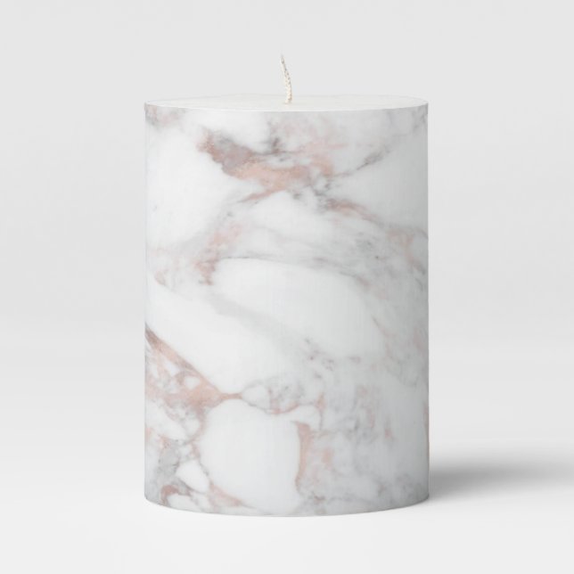 Rose Gold White Marble Trendy Elegant Template Pillar Candle (Front)