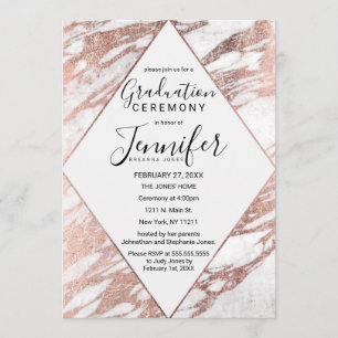 Rose Gold White Modern Marble Graduation Invitation