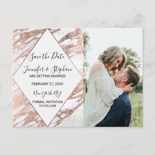 Rose Gold White Modern Marble Save the Date Announcement Postcard