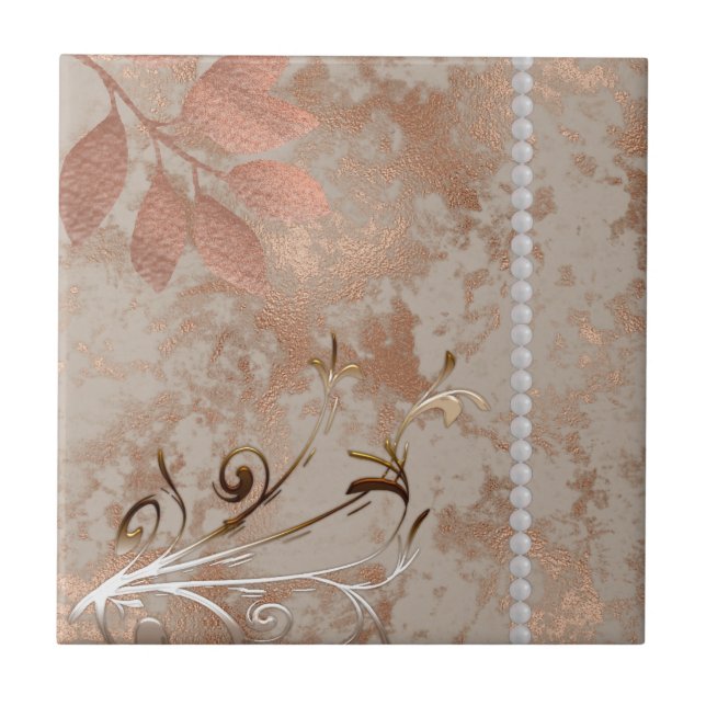 Rose Gold, White Pearls, Floral Square  Ceramic Tile (Front)