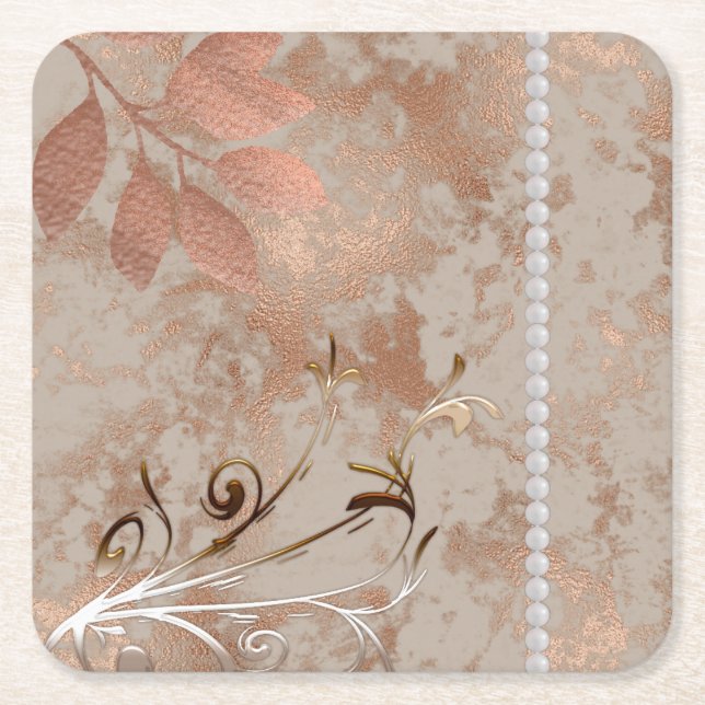 Rose Gold, White Pearls, Floral Square  Tile Bever Paper Coaster (Front)