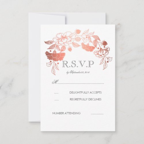 Rose Gold White Peonies Laurel Wedding RSVP Cards - Rose gold floral wreath wedding reply cards