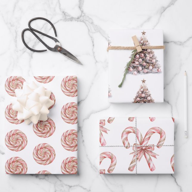 Rose Gold White Peppermints Christmas   Wrapping Paper Sheets (Front)