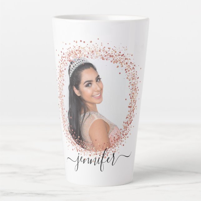 Rose gold white photo glitter name script latte mug (Front)