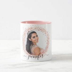 Rose gold white photo glitter name script mug