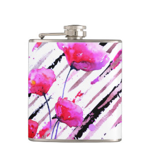 *~* Rose Gold White Pink Lavender Poppy Pattern Flask